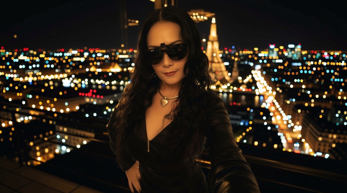 Confident Asian woman in moody Pattaya nightlife setting with dark and gold tones